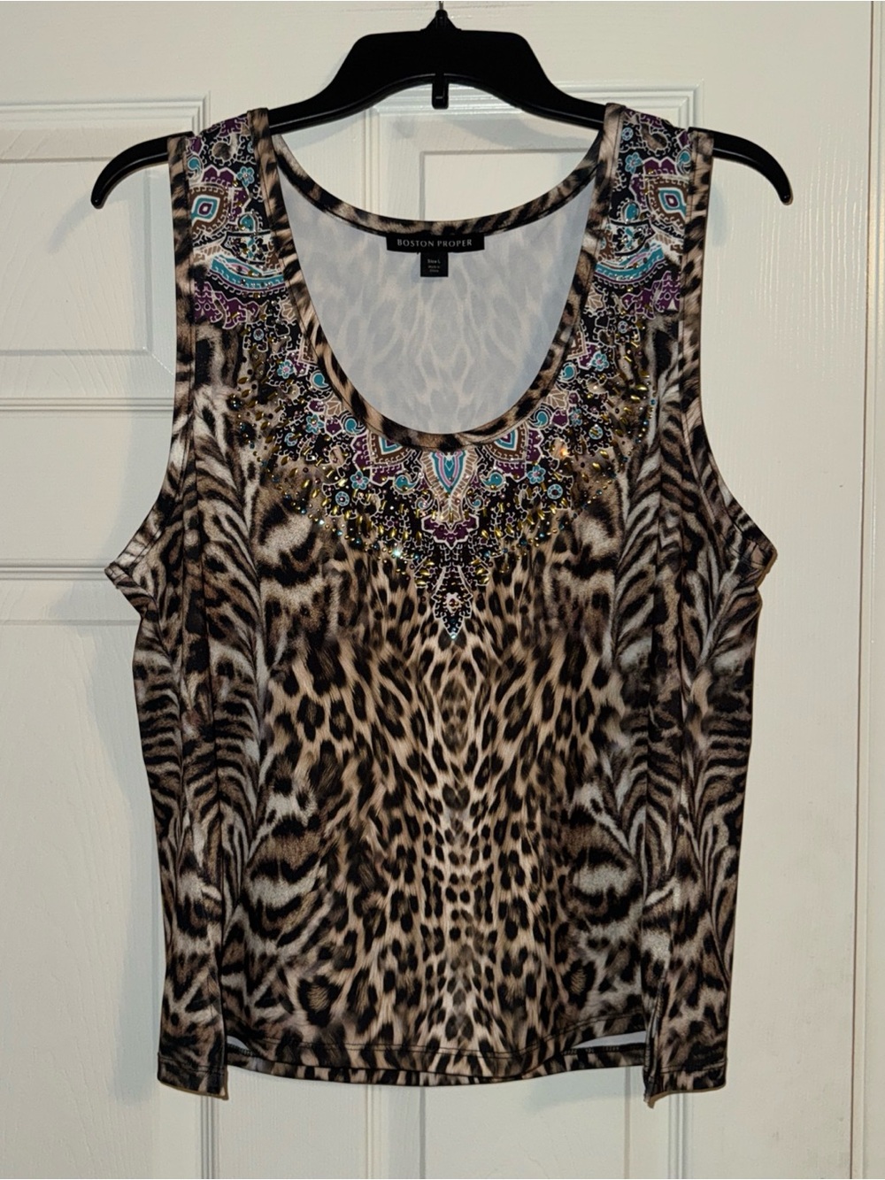 Boston Proper Animal Print Jewel-Embellished Sleeveless Top - Brown